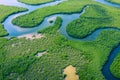 Aerial view of Amazon rainforest in Brazil, South America. Green forest. Bird`s-eye view Royalty Free Stock Photo