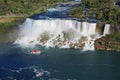 Aerial view of American and Bridal Veil Falls including Hornblower Boat sailing on Niagara River Royalty Free Stock Photo