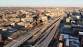 Aerial view of american city at dawn. High-rise buildings, fre