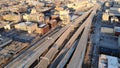 Aerial view of american city at dawn. High-rise buildings, fre