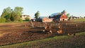 Aerial view of american countryside landscape. Farm, red barn, cows. Rural scenery, farmland. Sunny morning, spring summer season Royalty Free Stock Photo