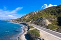 Drone photography. Asphalt road along the coast of the Greek island of Rhodes