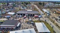 Aerial View of an Amish Mud Sale with Lots of Buggies and Farm Equipment Royalty Free Stock Photo