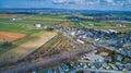 Aerial View of an Amish Mud Sale with Lots of Buggies and Farm Equipment Royalty Free Stock Photo