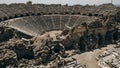 aerial view of The Ancient City of Side. Port. Peninsula. Turkey. Manavgat. Antalya. The largest amphitheater in Turkey. Royalty Free Stock Photo