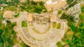 Aerial view of ancient Greek amphitheater in Taormina,Siciliy,Italy. Greek theatre aerial view, popular sight seeing destination