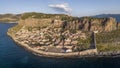 Aerial view of the ancient hillside town of Monemvasia located in the southeastern part of the Peloponnese peninsula