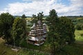 Aerial view on ancient wooden Church of Synaxis of the Holy Mother of God in Matkiv, Lviv region, Ukraine from drone Royalty Free Stock Photo