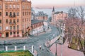 Aerial view of Andriyivskyy Descent, Richard the Lionheart Castle and soft morning fog in Kyiv, Ukraine. Concept, travel, tourism