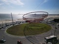 Aerial view of the anemone sculpture by Janet Echelman at Matosinhos beach in Porto, Portugal. Royalty Free Stock Photo