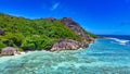 Aerial view of Anse Source Argent Beach in La Digue, Seychelles Islands - Africa Royalty Free Stock Photo