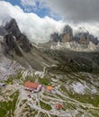 Aerial view of the Antonio Locatelli hut is a refuge located in the Tre Cime di Lavaredo