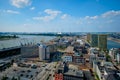 Aerial view of Antwerp city with port crane in cargo terminal. Antwerpen, Belgium