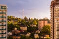 Aerial view of Sochi in light of setting sun, Russia