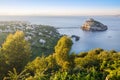 Aerial view on Aragonese castle across coastline, Ischia, Italy