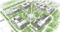 Aerial view of an architecturally designed campus layout, featuring Royalty Free Stock Photo