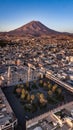 Aerial view on Arequipa`s main square and historical centre with El Misti volcano in the background.