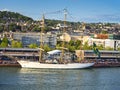 Aerial view of Armada exhibition sailboats at Rouen dock. International meeting for biggest old schooners and frigates in world Royalty Free Stock Photo