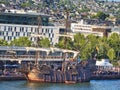 Aerial view of Armada exhibition sailboats at Rouen dock. International meeting for biggest old schooners and frigates in world Royalty Free Stock Photo