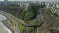 Aerial view of Armendariz downhill, Miraflores town and the Costa Verde reef in Lima, Peru.