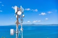 aerial view around of the telecommunication tower. tower antennas satellite transmits the signals Royalty Free Stock Photo