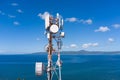 aerial view around of the telecommunication tower. tower antennas satellite transmits the signals Royalty Free Stock Photo