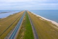 Drone panorama photography of an artificial island called Houtribdijk in Lake Markermeer in the provinz Flevoland. The highway dy