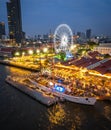 Aerial view of Asiatique The Riverfront open night market at the Chao Phraya river in Bangkok, Thailand Royalty Free Stock Photo