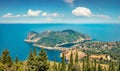 Aerial view of the Asos town from the Venetian Castle Ruins. Sunny spring seascape of Ionian Sea. Picturesque outdoor scene of