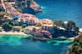 Aerial view of the Asos village from the Venetian Castle Ruins. Sunny spring seascape of Ionian Sea. Splendid outdoor scene of