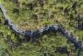 Aerial view of asphalt road and green forest, forest road going through forest with car Royalty Free Stock Photo