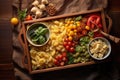 aerial view of assorted pasta in a wooden tray