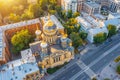 Aerial view of the Assumption Church and the embankment of the Neva River in Petersburg in the evening at sunset Royalty Free Stock Photo