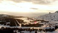 Aerial view of the astrophysical observatory in wintertime in snowy forest, Crimea. Shot. Beautiful landscape of snowy