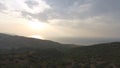 Aerial view on Athens with sea coast and sunset background. Shot. Aerial panoramic view of the Idyllic Eastern Attica Royalty Free Stock Photo