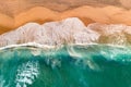 Aerial view of Atlantic ocean sandy beach with breaking waves. Top view of sea coast with turquoise water Royalty Free Stock Photo