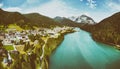 Aerial view of Auronzo Lake, Italian Dolomites Royalty Free Stock Photo