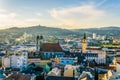 Aerial view of the Austrian city Linz including the old Cathedral, schlossmusem and the postlingberg basilica....IMAGE