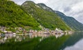 Aerial view of austrian mountain village Hallstatt and Hallstatter lake. Beautiful summer time. Salzkammergut, Austria. Hallstatt Royalty Free Stock Photo