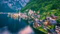 Aerial view of austrian mountain village Hallstatt and Hallstatter lake. Beautiful summer time. Salzkammergut, Austria. Hallstatt Royalty Free Stock Photo