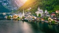 Aerial view of austrian mountain village Hallstatt and Hallstatter lake. Beautiful summer time. Salzkammergut, Austria. Hallstatt Royalty Free Stock Photo