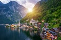 Aerial view of austrian mountain village Hallstatt and Hallstatter lake. Beautiful summer time. Salzkammergut, Austria. Hallstatt Royalty Free Stock Photo