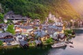 Aerial view of austrian mountain village Hallstatt and Hallstatter lake. Beautiful summer time. Salzkammergut, Austria. Hallstatt Royalty Free Stock Photo