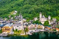 Aerial view of austrian mountain village Hallstatt and Hallstatter lake. Beautiful summer time. Salzkammergut, Austria. Hallstatt Royalty Free Stock Photo