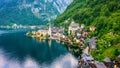 Aerial view of austrian mountain village Hallstatt and Hallstatter lake. Beautiful summer time. Salzkammergut, Austria. Hallstatt Royalty Free Stock Photo