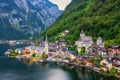 Aerial view of austrian mountain village Hallstatt and Hallstatter lake. Beautiful summer time. Salzkammergut, Austria. Hallstatt Royalty Free Stock Photo