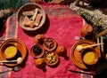 Aerial view of authentic Moroccan dinner at Berber homestay in the High Atlas Mountains. Imlil valley, Morocco.