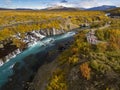 Aerial View of autumn foliage at Hraunfossar Waterfalls in Husafell, West Iceland