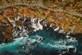 Aerial View of autumn foliage at Hraunfossar Waterfalls in Husafell, West Iceland Royalty Free Stock Photo