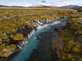 Aerial View of autumn foliage at Hraunfossar Waterfalls in Husafell, West Iceland Royalty Free Stock Photo